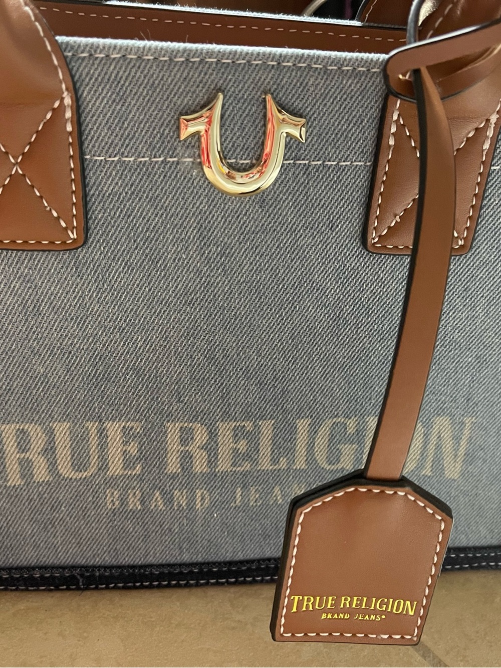 True Religion Denim and Brown Leather Tote with Gold Accent
